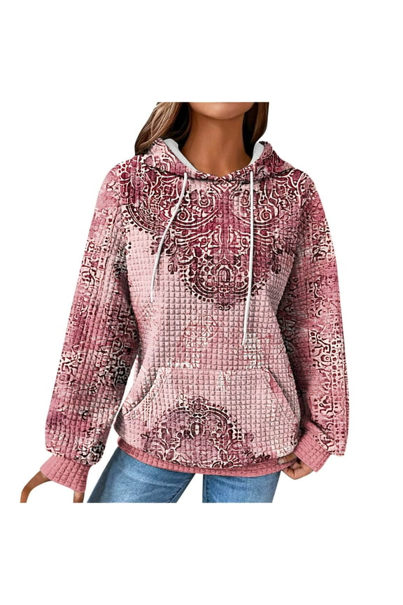 Women's Cute Graphic Print Sweater Drawstring Vintage Drop Shoulder Hoodies Thermal Long Sleeve Pullover Sweatshirt Trendy Sunflower Pattern Jumper,Pink,Large