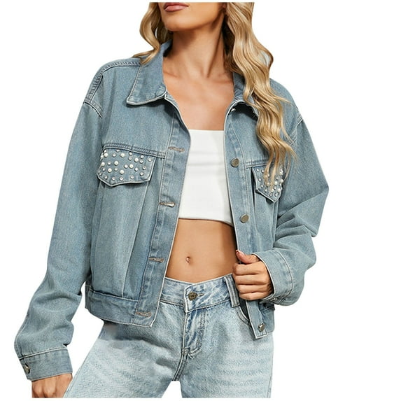 miqiqism Women's Denim Jacket With Pocket Casual Long Sleeve Vintage Jean Jackets Top Coat Basic Button Down Jacket Loose Boyfriend Pleated Tunic Blouses,Light Blue,X-Large