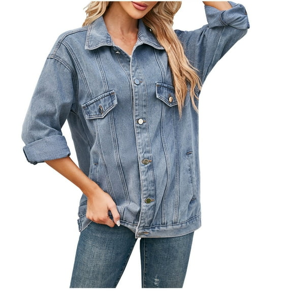 miqiqism Women's Denim Jacket With Pocket Casual Long Sleeve Vintage Jean Jackets Top Coat Basic Button Down Jacket Loose Boyfriend Pleated Tunic Blouses,Dark Blue,Small