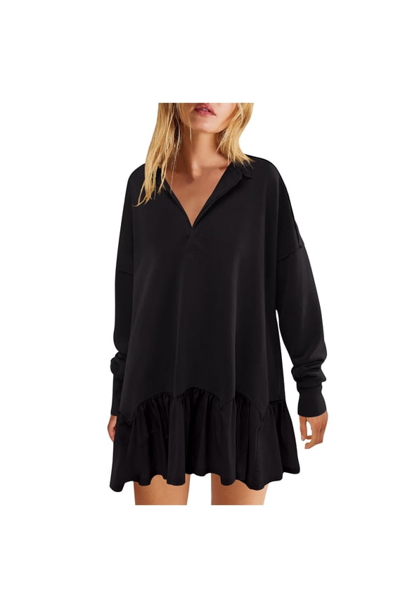 Women's Fall V Neck Pullover Sweatshirts Dress Juniors Comfy Long Sleeve Sweater Dress Trendy Oversized Casual Lapel Jumper Tops Flowy Solid Color Blouses,Black,Medium