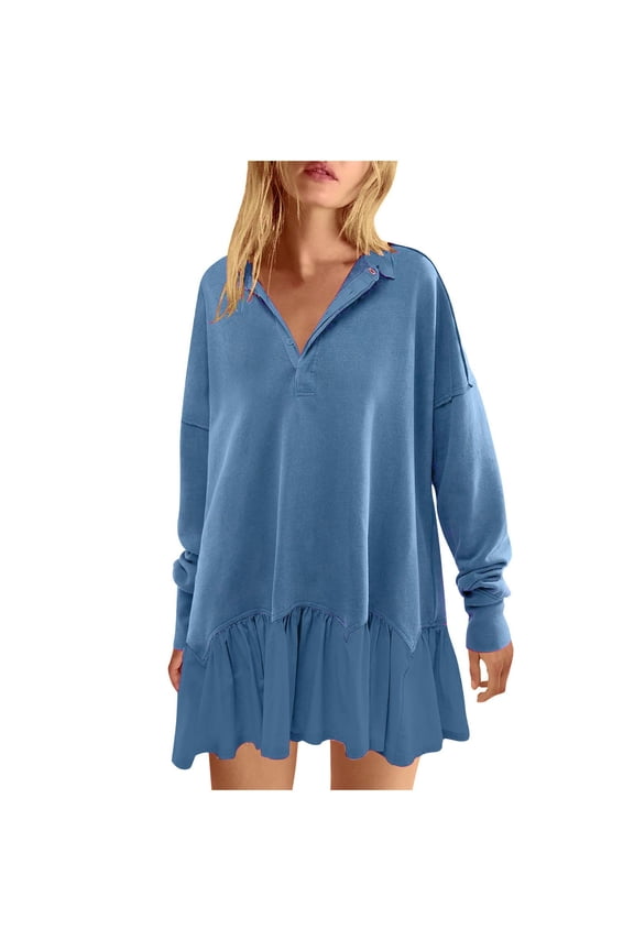 Women's Fall V Neck Pullover Sweatshirts Dress Juniors Comfy Long Sleeve Sweater Dress Trendy Oversized Casual Lapel Jumper Tops Flowy Solid Color Blouses,Blue,Medium