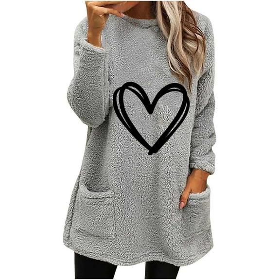 miqiqism Women's Fall Winter Pullover Sweatshirts Trendy Love Heart Printed Tops with Pockets Thickened Plus Pullover Tops Crew Neck Long Sleeve Warm Bottoming Shirts,Gray,Medium