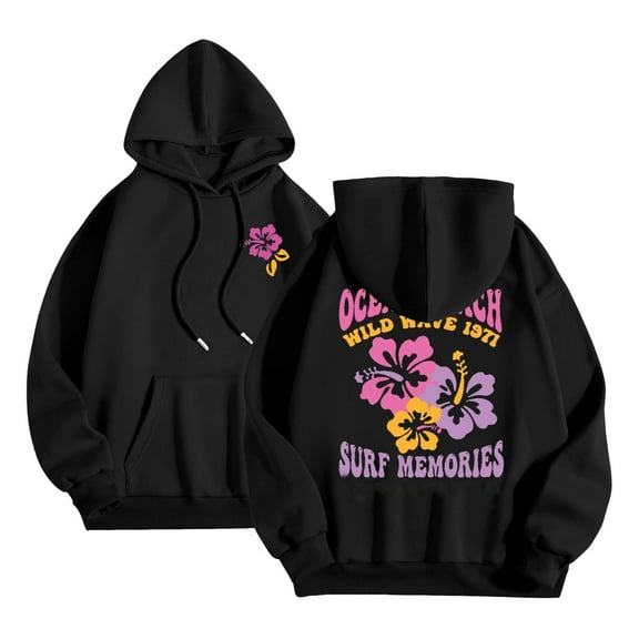 miqiqism Women's Fashion Hoodies & Sweatshirts Juniors Cute Floral Printed Hoodie Teen Girls Fall Drawstring Oversized Pullover Clothing with Pocket,Black,Medium