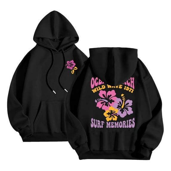 miqiqism Women's Fashion Hoodies & Sweatshirts Juniors Cute Floral Printed Hoodie Teen Girls Fall Drawstring Oversized Pullover Clothing with Pocket,Black,Small