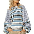thumbnail image 1 of miqiqism Women's Fashion Spliced Striped Sweatshirts Casual Long Sleeve Loose Blouses Comfy Round Neck Drop Shoulder Pullover Sweatshirt Tops,Light Blue,XX-Large, 1 of 6