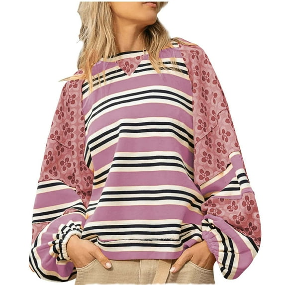 miqiqism Women's Fashion Spliced Striped Sweatshirts Casual Long Sleeve Loose Blouses Comfy Round Neck Drop Shoulder Pullover Sweatshirt Tops,Purple,XX-Large