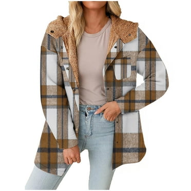 miqiqism Women's Flannel Hooded Trendy Plaid Shacket 2024 Thick Coat Winter Long Sleeve Coats Warmth Button down Fuzzy Jacket with Pocket,Khaki,Large