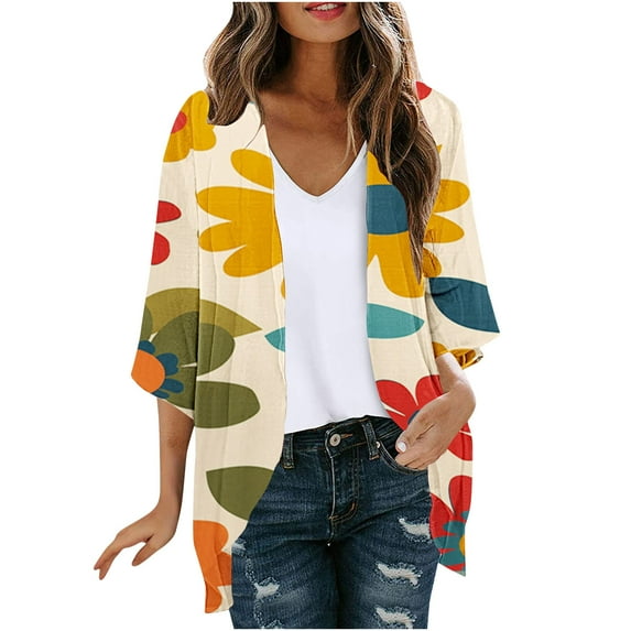 miqiqism Women's Floral Print Cardigan Teen Girls Fashion Fashion Long Sleeve Pleated Ruffle Coat Juniors Cozy Open Front Flowy Lightweight Blouses Tops,Orange,Small