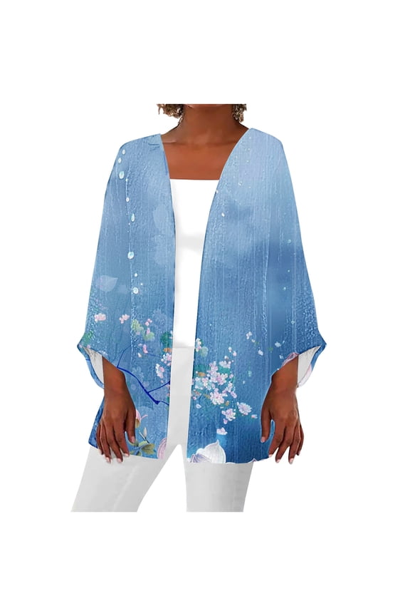 Women's Floral Print Cardigans Cozy Ruffle Sleeve Kimono Cardigan Open Front Blouses Trendy Gradient Loose Cover Up Casual Blouse Flowy Tunic Tops,Blue,XX-Large