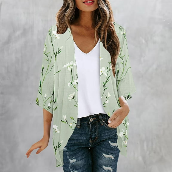 miqiqism Women's Floral Print Cardigans Long Ruffle Sleeve Kimono Cardigan Teen Girls Floral Printed Loose Cover Up Casual Blouse Retro Tops Flowy Blouses,Green,Large