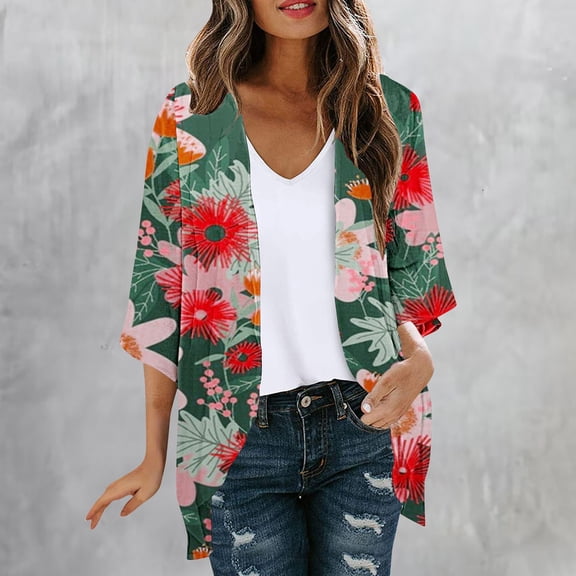 miqiqism Women's Floral Print Long Sleeve Kimono Cardigan Comfy Loose Cover Up Casual Ruffle Blouse Open Front Tops Juniors Lightweight Outerwear Tops,Pink,X-Large