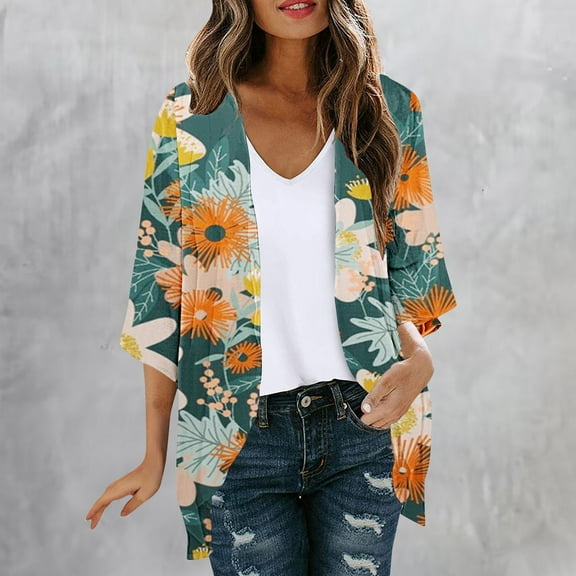 miqiqism Women's Floral Print Long Sleeve Kimono Cardigan Comfy Loose Cover Up Casual Ruffle Blouse Open Front Tops Juniors Lightweight Outerwear Tops,Orange,Small