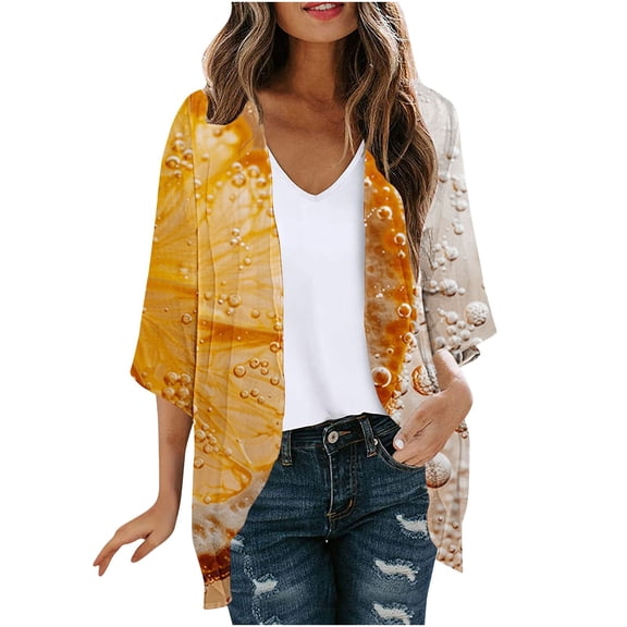 miqiqism Women's Floral Print Puff Sleeve Kimono Cardigan Cozy Trendy Loose Cover Up Cardigans Juniors Casual Lightweight Open Front Pleated Blouse Tops,Y#02_Yellow,Small