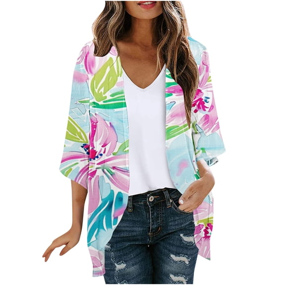 miqiqism Women's Floral Print Ruffle Sweaters Teen Girls Long Sleeve Kimono Cardigan Loose Cover Up Casual Cozy Blouse Open Front Pleated Cardigans Tops,Light Blue,Small