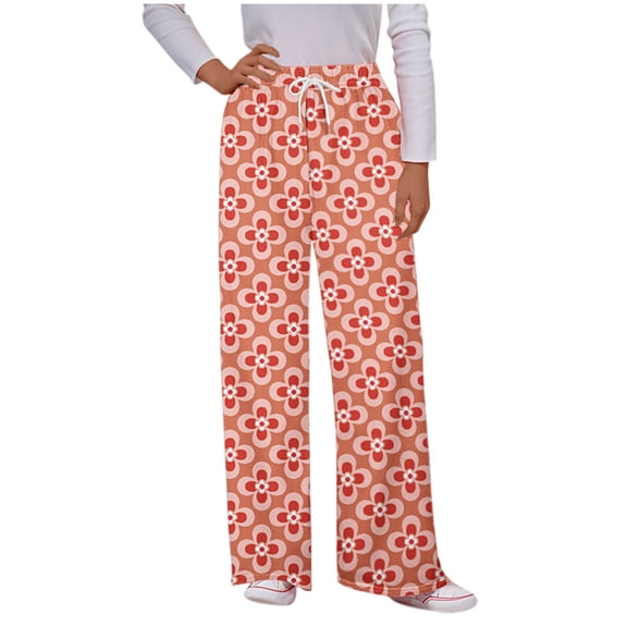 miqiqism Women's Floral Printed Trousers Drawstring Pajama Pants Wide Leg Casual Lounge Pant | Comfy Sleepwear | Yoga Pants with Pocket,Orange,Large