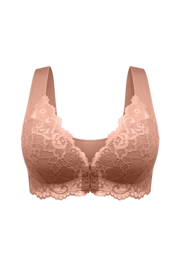 Women's Full Freedom Bras Lady Front Closure Push up Lace Brassiere Juniors Wireless Comfort Bralette Easy on Underwear Trendy Solid Color Bras,Coffee,Large