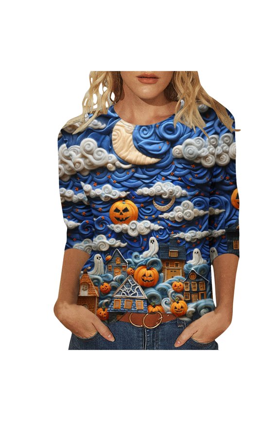 Women's Halloween Sweatshirt Cute Pumpkin Pullover Tops Novelty Crewneck Sweatshirts Ladies Casual Long Sleeves Blouses Trendy Slim Tunic Tee Tops,N#02_Navy,Large