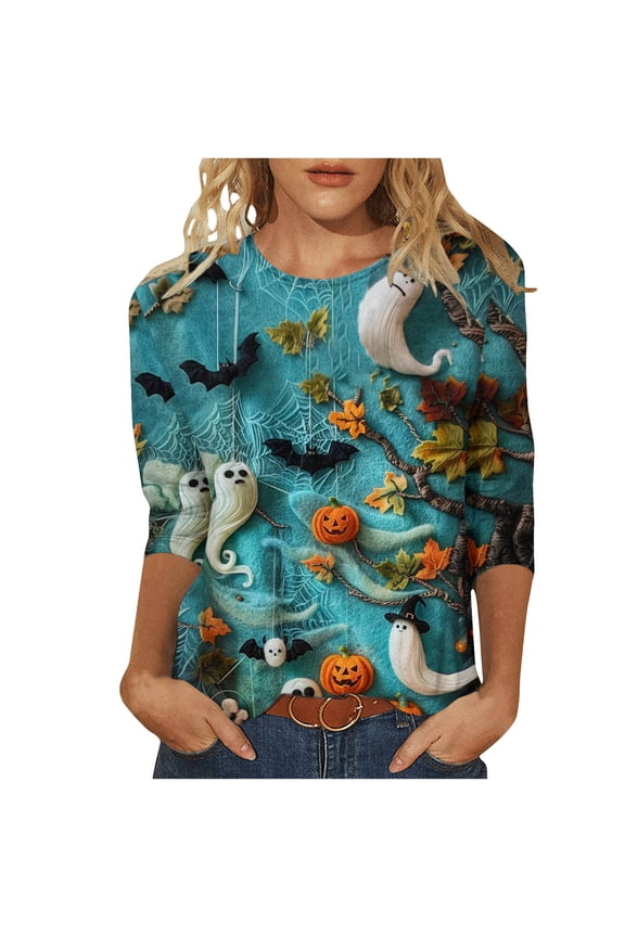 Women's Halloween Sweatshirt Cute Pumpkin Pullover Tops Novelty Crewneck Sweatshirts Ladies Casual Long Sleeves Blouses Trendy Slim Tunic Tee Tops,Light Green,Large
