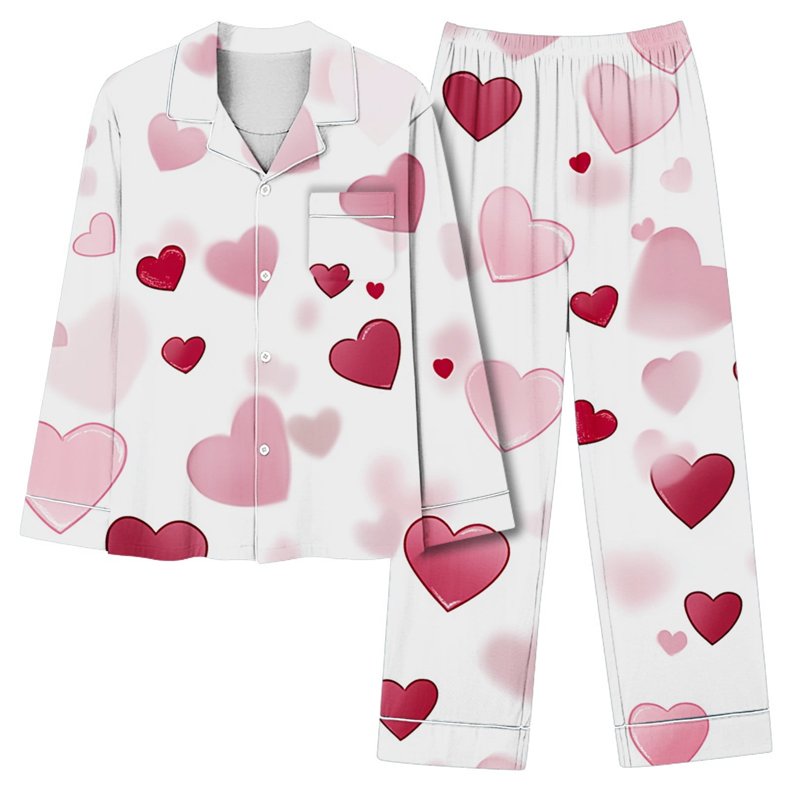 Cute Heart Print Button Down Shirt Pajama Sets