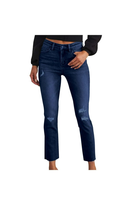 Women's High Waist Jeans Trendy Solid Color Slim Fit Trousers Fashion Button Zipper Denim Pants Casual Basic Skinny Jeans Pants with Pockets,Dark Blue,Large