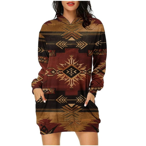 miqiqism Women's Hooded Sweatshirt Dress Juniors Trendy Lightweight Long Sleeve Hoodie Dress with Pocket Vintage Printed Loose Fit Blouses,Brown,Large