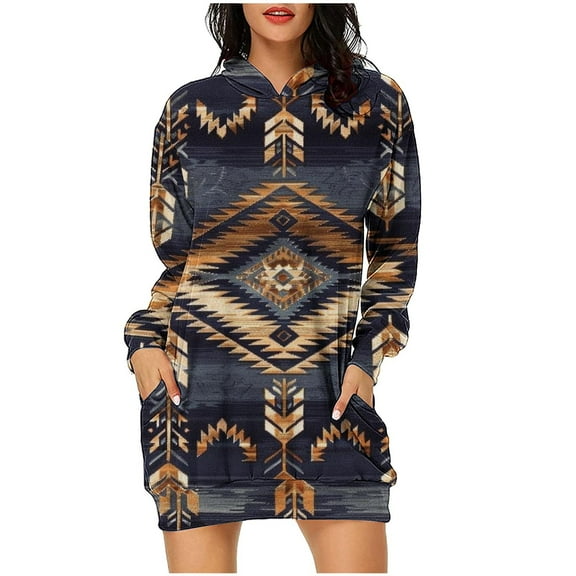 miqiqism Women's Hooded Sweatshirt Dress Juniors Trendy Lightweight Long Sleeve Hoodie Dress with Pocket Vintage Printed Loose Fit Blouses,Coffee,Large