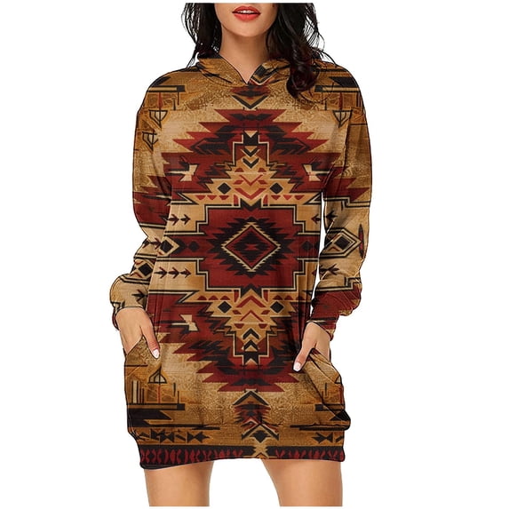 miqiqism Women's Hooded Sweatshirt Dress Juniors Trendy Lightweight Long Sleeve Hoodie Dress with Pocket Vintage Printed Loose Fit Blouses,Khaki,XX-Large