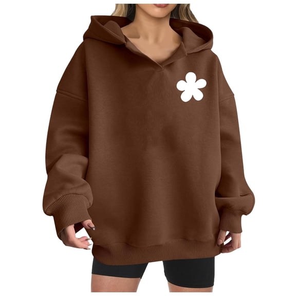 miqiqism Women's Hooded Trendy Casual Long Sleeves Tunic Hoodies Teen Girls Fashion V Neck Sweatshirts Comfy Fall Winter Pullover Drop Shoulder Tunic Outfit,Brown,XX-Large
