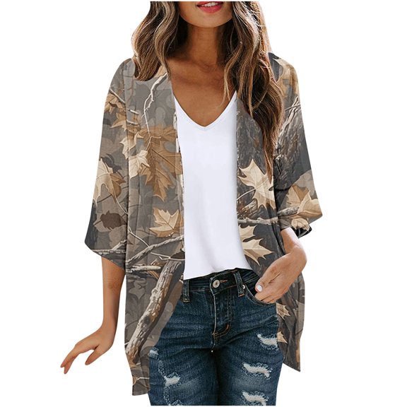 miqiqism Women's Kimono Cover Ups Tops Cozy Lightweight Summer 3/4 Sleeves Cardigans Juniors Fashion Floral Printed Pleated Blouses Open Front Cardigan,Khaki,Small