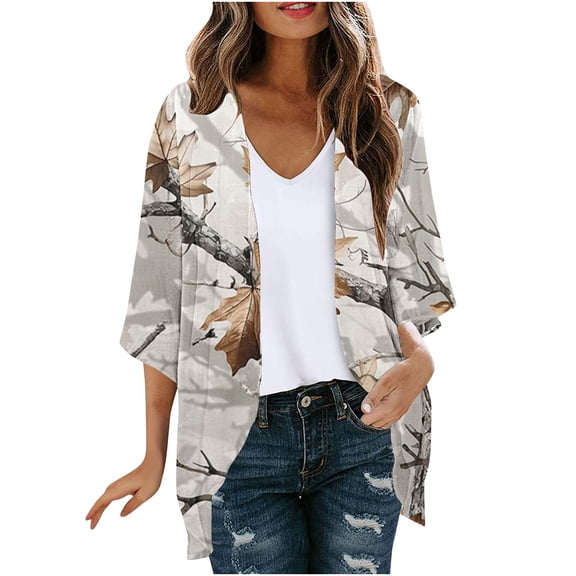 miqiqism Women's Kimono Cover Ups Tops Cozy Lightweight Summer 3/4 Sleeves Cardigans Juniors Fashion Floral Printed Pleated Blouses Open Front Cardigan,K#01_Khaki,Small
