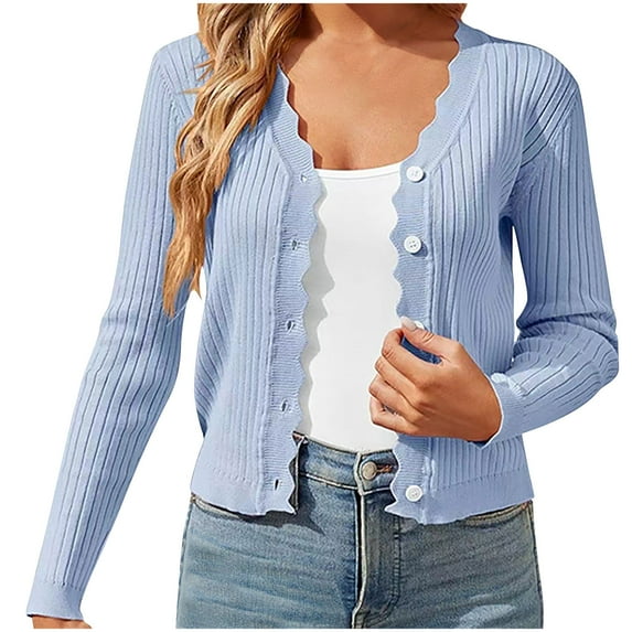 miqiqism Women's Long Sleeve Cropped Cardigan Trendy V Neck Solid Cardigans Juniors Casual Button Down Knit Bolero Shrugs Blouses Teen Girls Comfy Slim Fit Top,Light Blue,Large