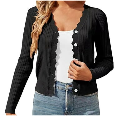 miqiqism Women's Long Sleeve Cropped Cardigan Trendy V Neck Solid Cardigans Juniors Casual Button Down Knit Bolero Shrugs Blouses Teen Girls Comfy Slim Fit Top,Black,Medium