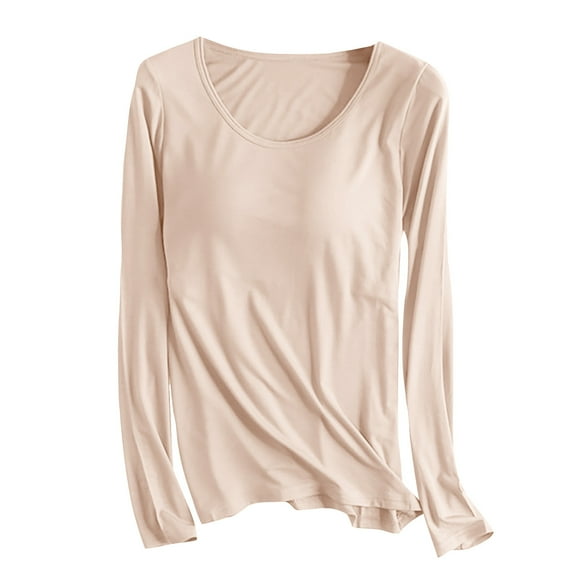 miqiqism Women's Long Sleeve T-Shirt Juniors Comfy Scoop Neck Basic Blouses Trendy Modal Stretchy Shirts with Cup Chest Pads Casual Solid Color Basic Tunic Tops,Beige,Medium