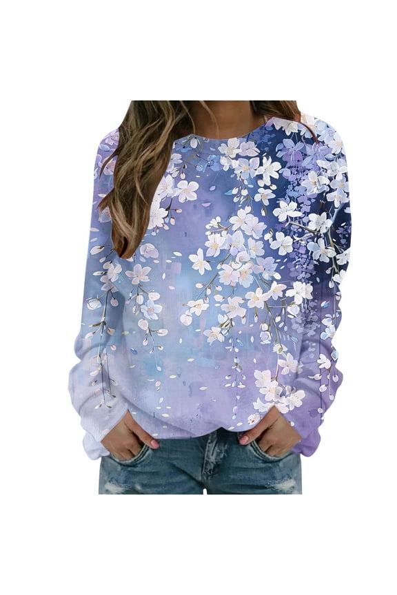 Women's Long sleeves Sweatshirts Juniors Trendy Floral Printed Hoodless Tops Casual Drawstring Loose Lightweight Tunic Sweatshirt Pullover Tee Blouses,Light Blue,Large