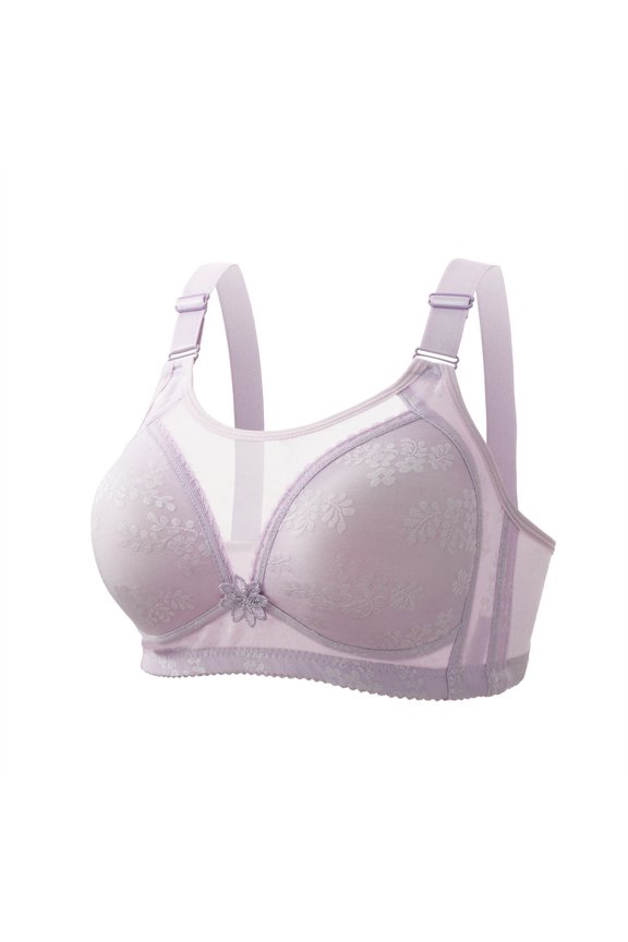 Women's Non-Wired Comfort Cotton Bra Trendy Wire Free Wide Back Brassiere Push Up Bra for Women Adjustable Straps Bras,Purple,Medium
