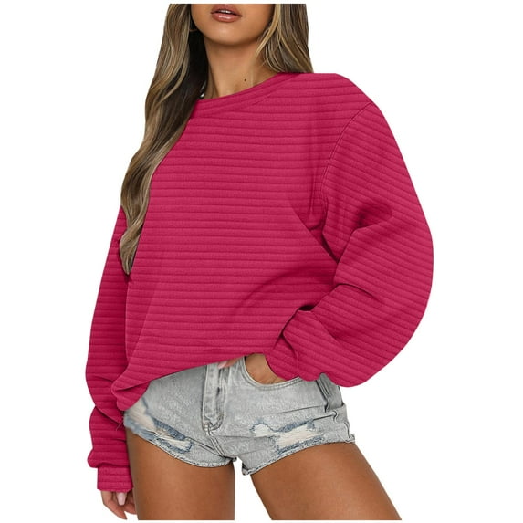 miqiqism Women's Oversized Crewneck Sweatshirts Batwing Puff Long Sleeve Sweatshirt Trendy Cable Slouchy Pullover Jumper Tops Casual Solid Color Drop Shoulder Clothes,Hot Pink,Large