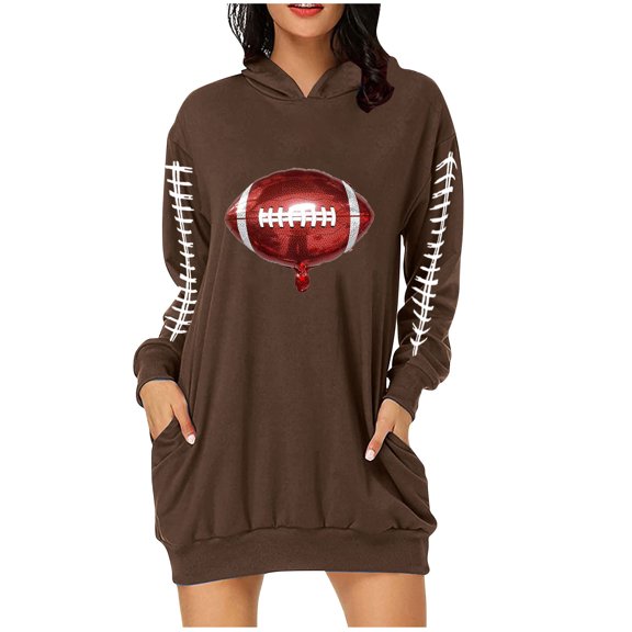 miqiqism Women's Oversized Hooded Sweatshirt Dress Trendy Juniors Lightweight Long Sleeve Crew Pullover Hoodie Dress Fall Outfits 2024 Clothes with Pockets,Brown,Medium