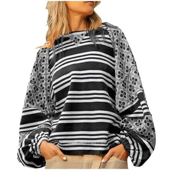 miqiqism Women's Oversized Patchwork T Shirts Fall Long Puff Sleeve Loose Sweatshirts Lady Trendy Striped Color Block Pullover Tops Blouses,Black,Medium