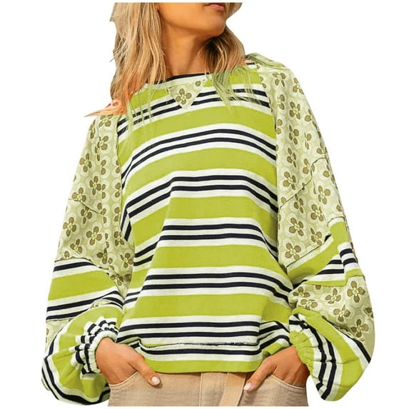 miqiqism Women's Oversized Patchwork T Shirts Fall Long Puff Sleeve Loose Sweatshirts Lady Trendy Striped Color Block Pullover Tops Blouses,Green,Medium
