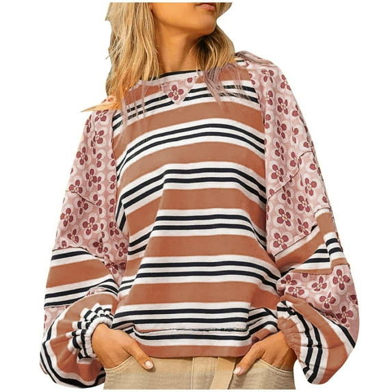 miqiqism Women's Oversized Patchwork T Shirts Fall Long Puff Sleeve Loose Sweatshirts Lady Trendy Striped Color Block Pullover Tops Blouses,Pink,Large