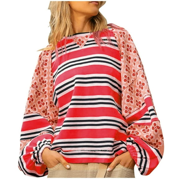 miqiqism Women's Oversized Patchwork T Shirts Fall Long Puff Sleeve Loose Sweatshirts Lady Trendy Striped Color Block Pullover Tops Blouses,Red,Small