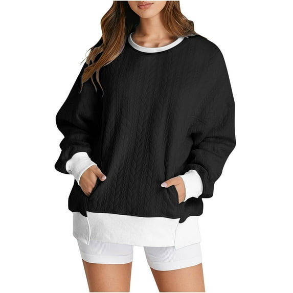 miqiqism Women's Oversized Sweater 2024 Casual Fall Crewneck Sweaters Juniors Comfy Long Sleeve Loose Colorblock Sweatshirts Ribbed Knit Pullover Tops,Black,Large
