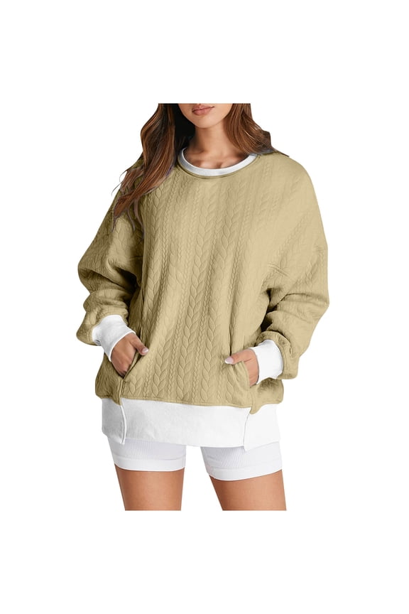 Women's Oversized Sweater 2024 Casual Fall Crewneck Sweaters Juniors Comfy Long Sleeve Loose Colorblock Sweatshirts Ribbed Knit Pullover Tops,Khaki,Large