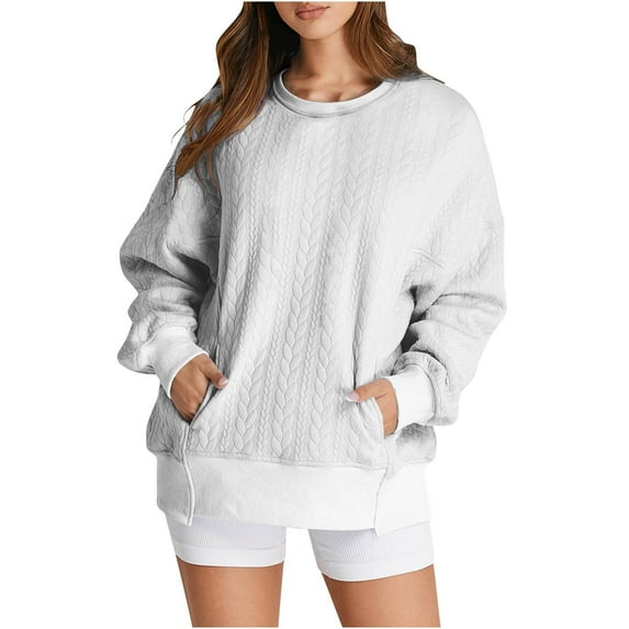 miqiqism Women's Oversized Sweater 2024 Casual Fall Crewneck Sweaters Juniors Comfy Long Sleeve Loose Colorblock Sweatshirts Ribbed Knit Pullover Tops,White,Medium