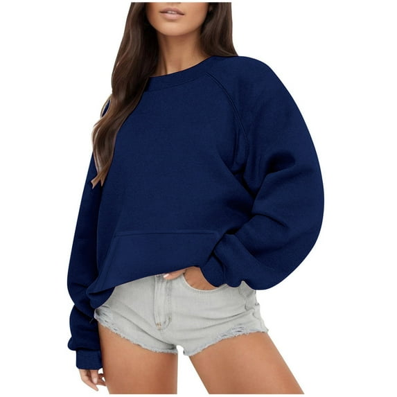 miqiqism Women's Oversized Sweatshirt Juniors Crew Neck Long Sleeve Hoodless Shirt Casual Crew Pullover Tops Fall 2024 Teen Girl Preppy Clothes with Pockets,Navy,Medium