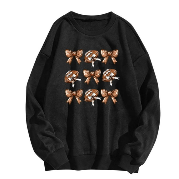 miqiqism Women's Oversized Sweatshirt Juniors Rugby Bow Tie Graphic Shirts Trendy Crewneck Long Sleeve Sweatshirts Casual Going Out Pullover Tops Fall Outfits,Black,Medium