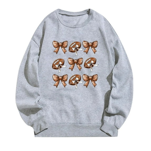 miqiqism Women's Oversized Sweatshirt Juniors Rugby Bow Tie Graphic Shirts Trendy Crewneck Long Sleeve Sweatshirts Casual Going Out Pullover Tops Fall Outfits,Gray,Medium