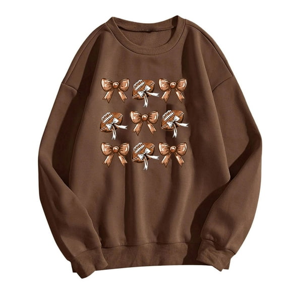 miqiqism Women's Oversized Sweatshirt Juniors Rugby Bow Tie Graphic Shirts Trendy Crewneck Long Sleeve Sweatshirts Casual Going Out Pullover Tops Fall Outfits,Brown,Medium