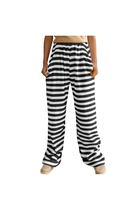 Women's Pajamas Warm Fuzzy Pants High Waist Pajamas Bottom Striped Long Trousers Loose Plush Pajama with Pockets,X_Striped #01Black,X-Large