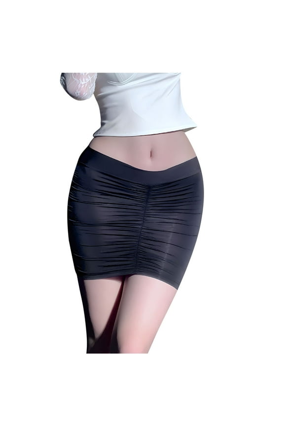 Women's See Through Low Waist Micro Mini Sexy Skirts Casual Package Hip Short Party Skirts Trendy Solid Color Pleated Tight Hip Skirt,Black,Free Size